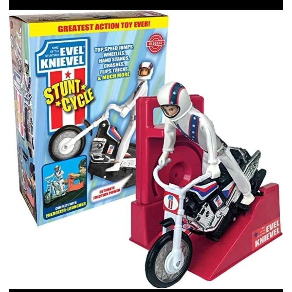 New Evel Knievel Classic Stunt Cycle Action Figure Motorcycle and Launcher